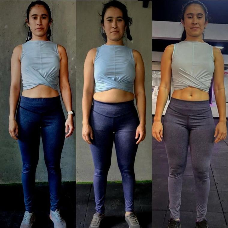 Registro de progreso físico de una alumna de NB Fitness en tres momentos